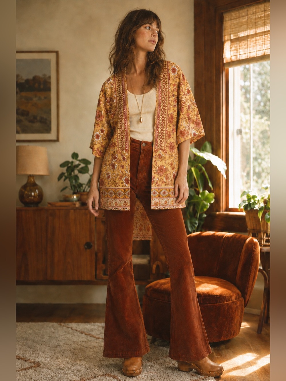 Knox Rose 70s Boho Floral Kimono Cardigan Mustard Duster Small - Picture 2 of 12